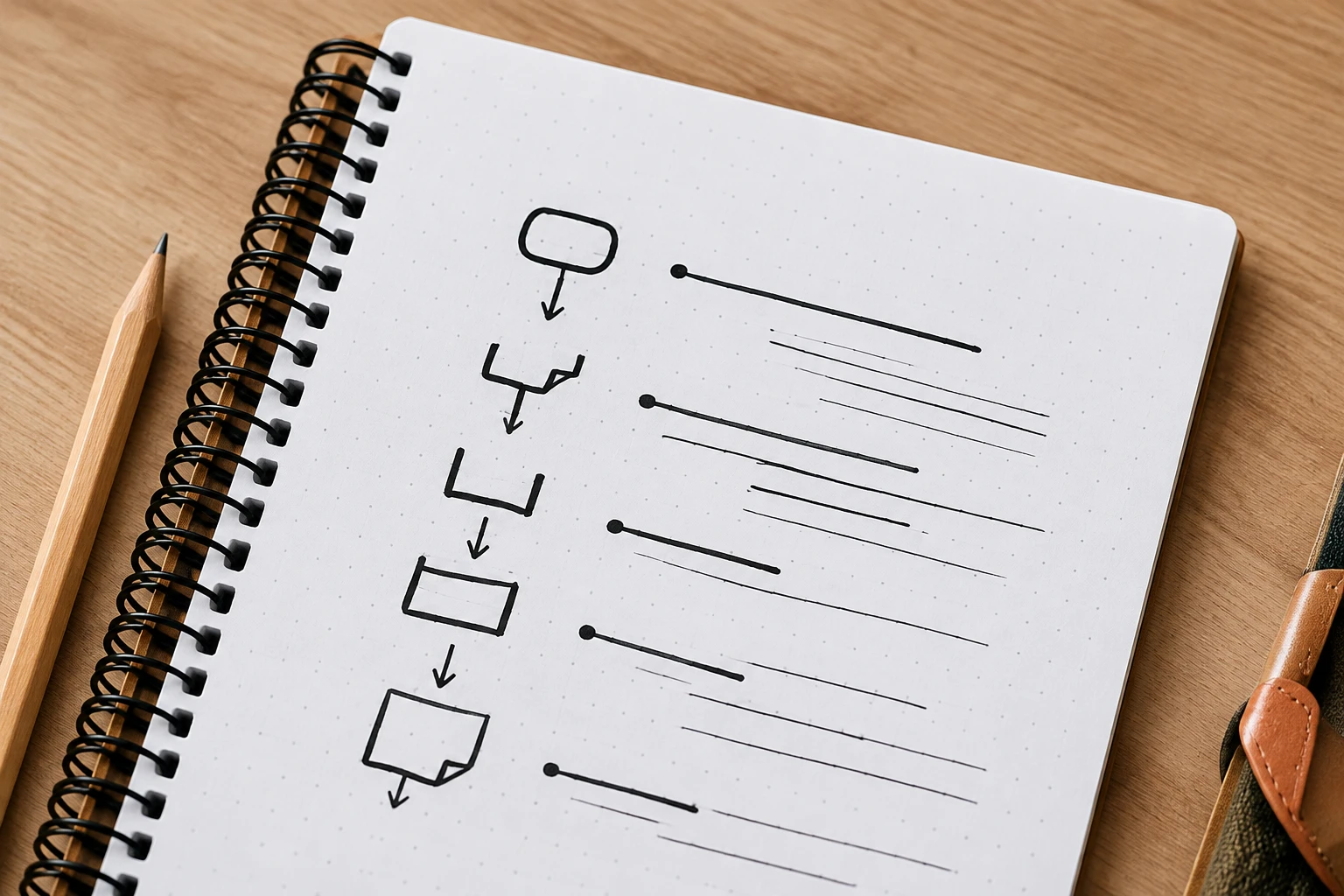 Notitieboek met een geschetst stroomschema op een houten bureau