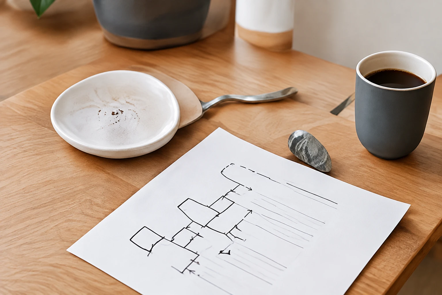 Koffiekop en papieren met schema's op een houten tafel