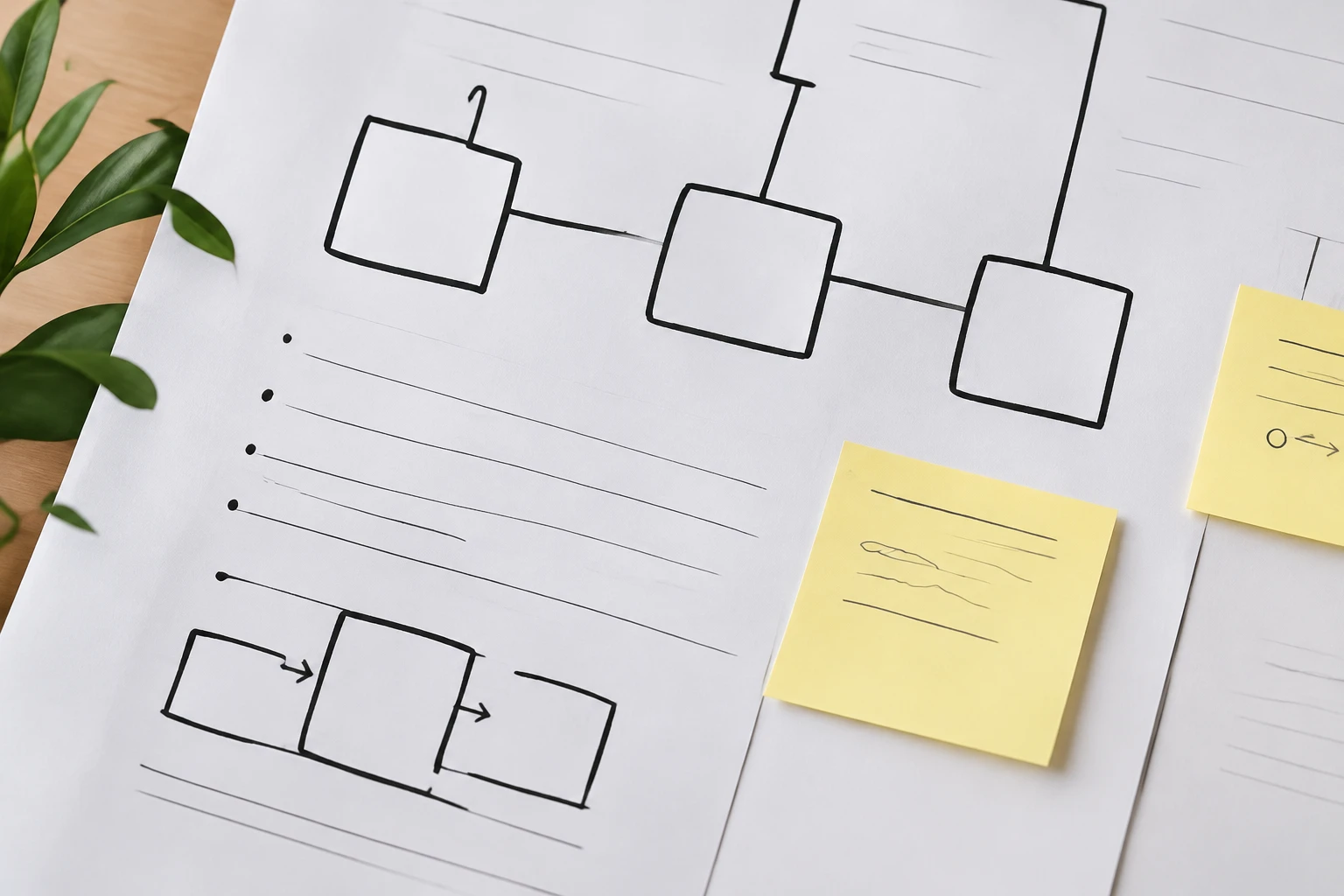 Afgedrukt procesdiagram met gele plakbriefjes
