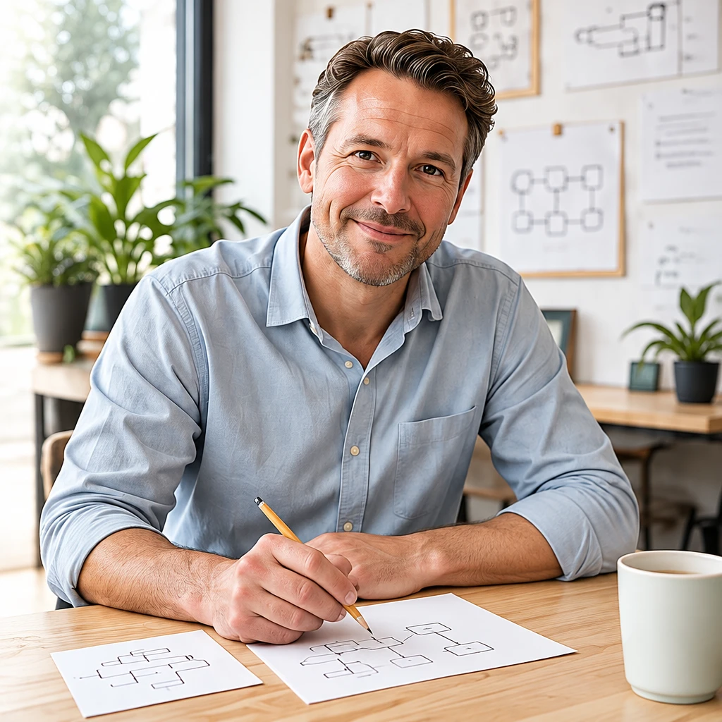 Procesadviseur Martijn schetst werkprocessen aan een houten tafel in licht atelier